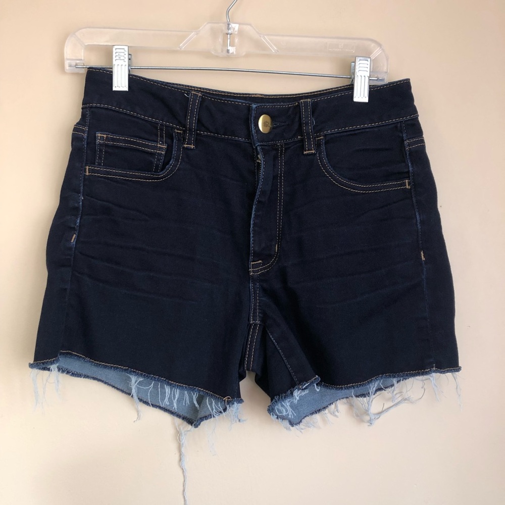 American Eagle Dark Wash Hi Rise Shortie Jean Short Raw Hem